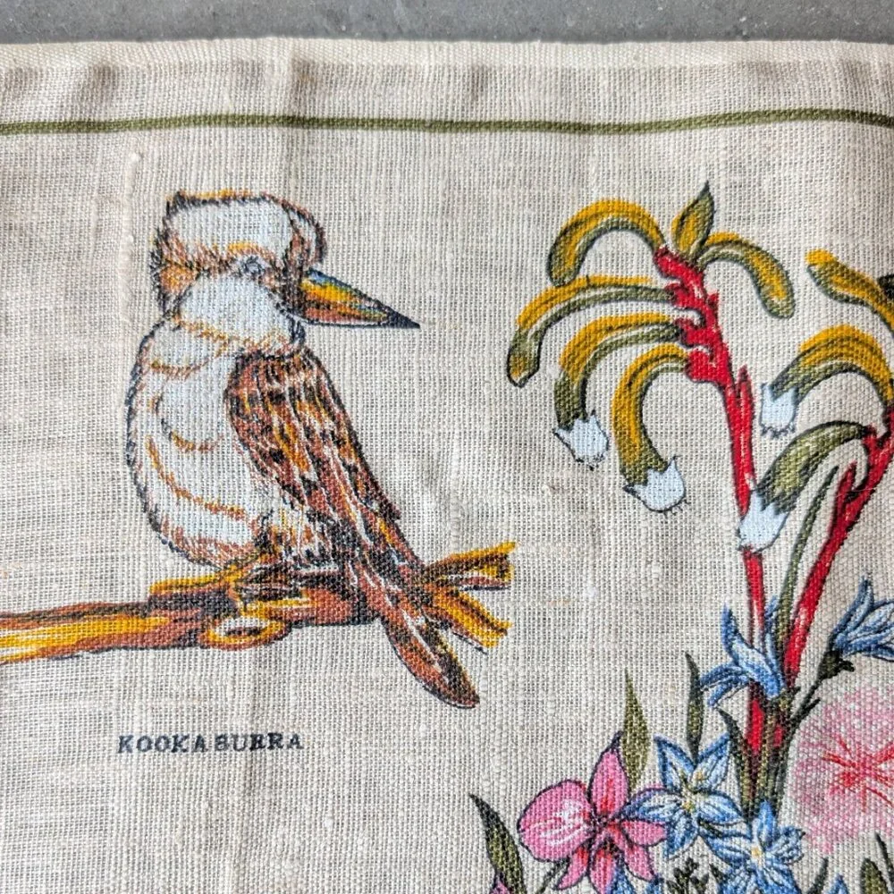 Vintage Pure Linen Souvenir Australian Wildlife Tea Towel